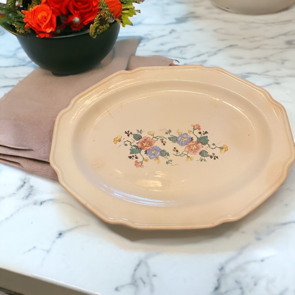Vintage Scalloped Oval Serving Platter Floral Cream Ceramic 1930s Cottagecore